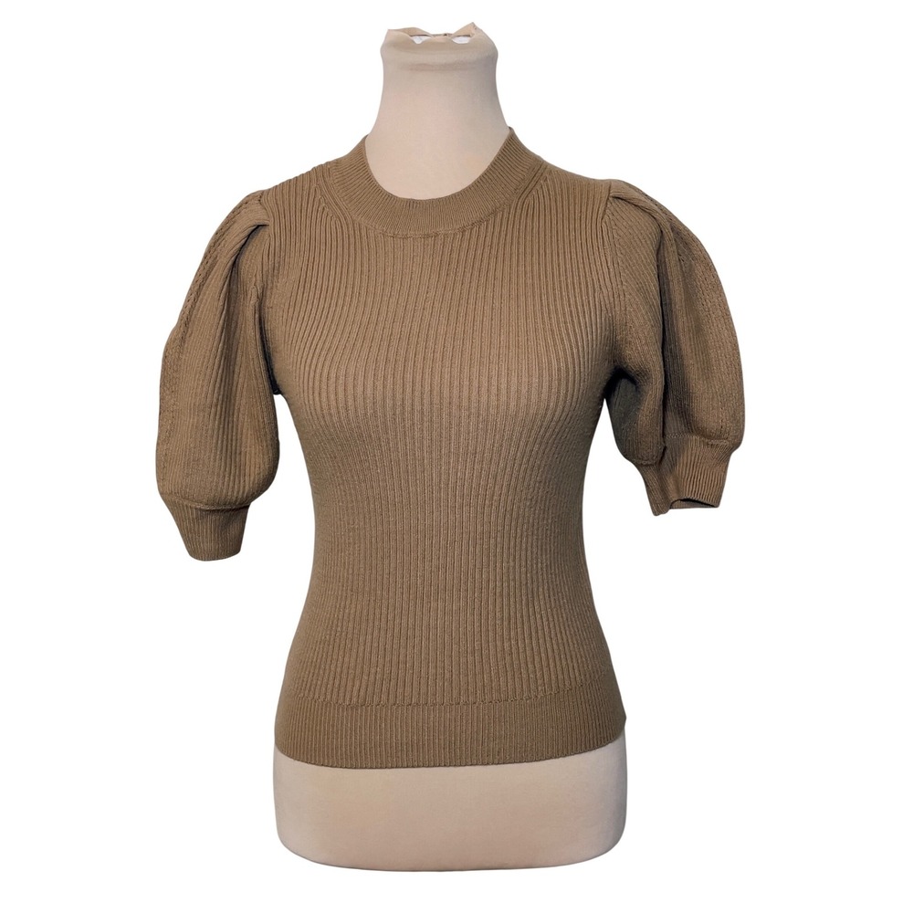 Rachel Rachel Roy Women Tan Ribbed Puff Short Sleeve Sweater Size S‎ Minimalist